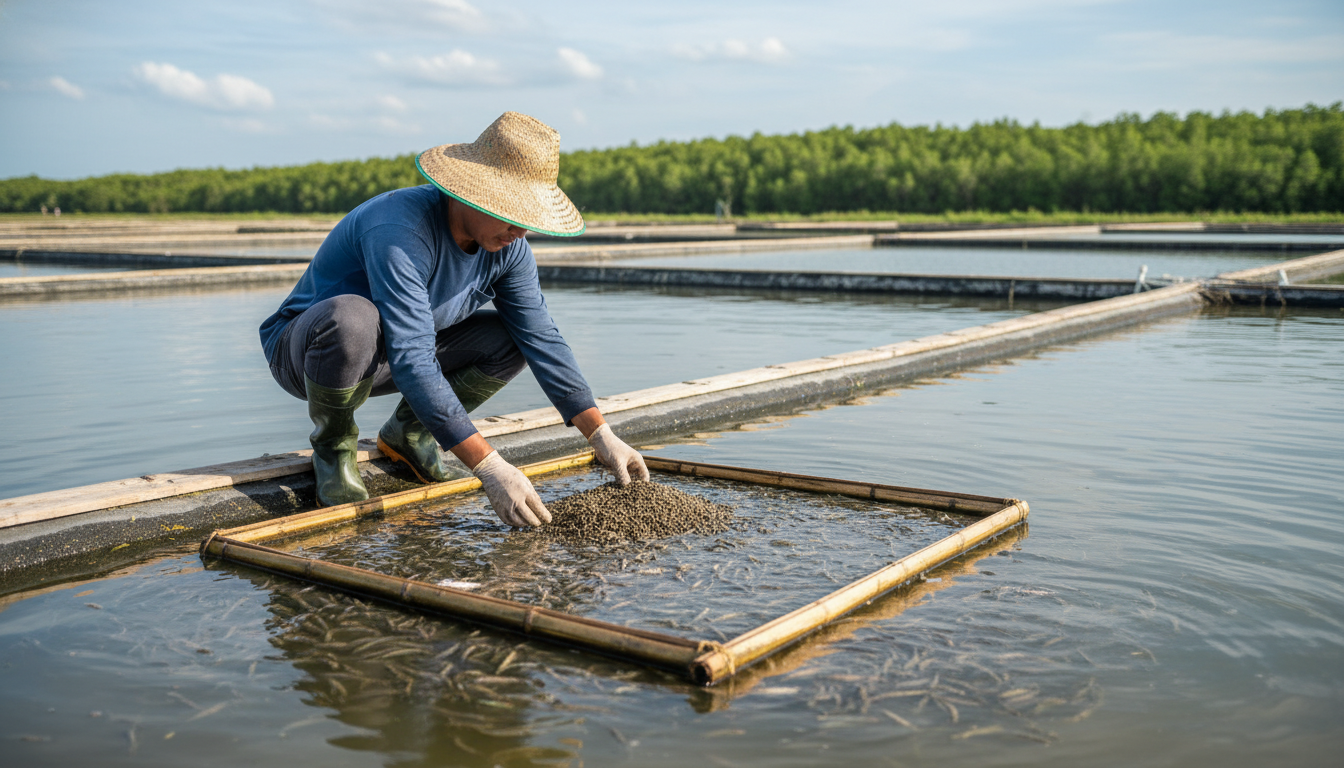Petambak sedang mengecek pakan di anco
