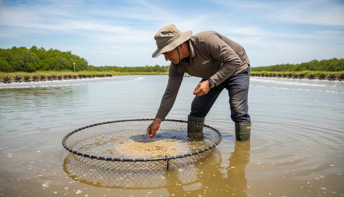 Petambak sedang mengecek pakan udang di anco