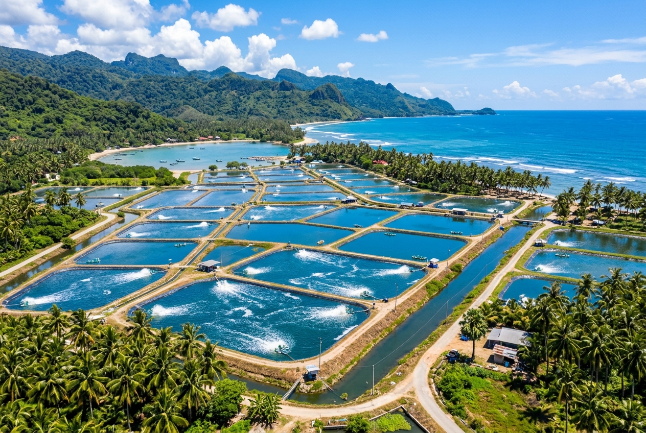Pemandangan Udara Tambak Udang yang Cerah