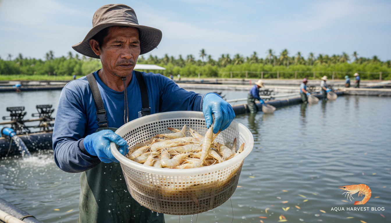 Petambak mengecek kualitas udang vannamei saat panen