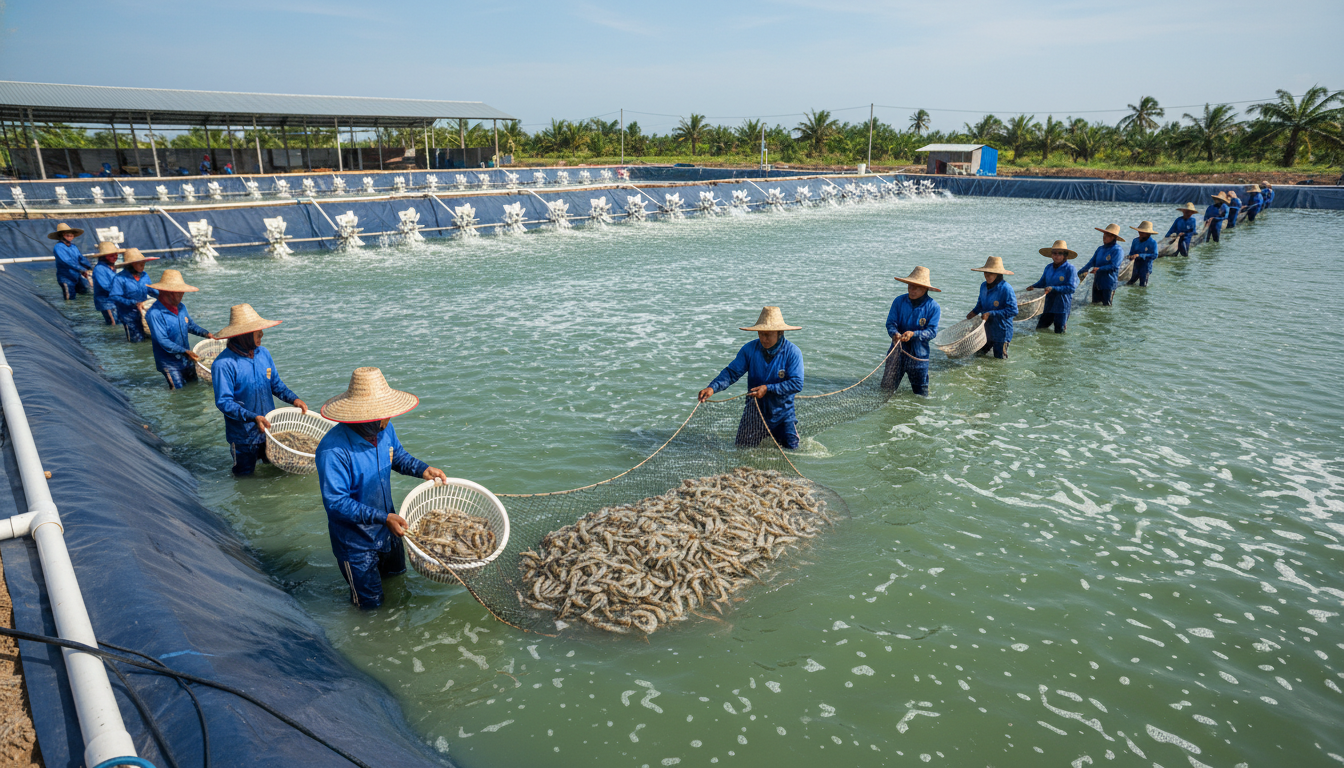 Aktivitas panen parsial di tambak udang intensif