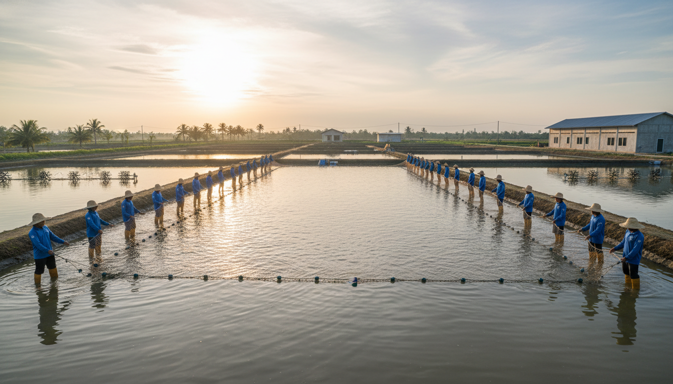 Proses pemanenan udang vannamei di tambak