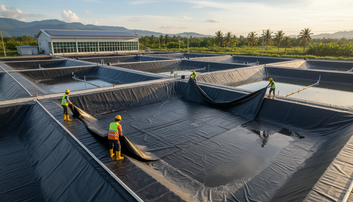 Pemasangan plastik HDPE pada desain tambak udang intensif modern
