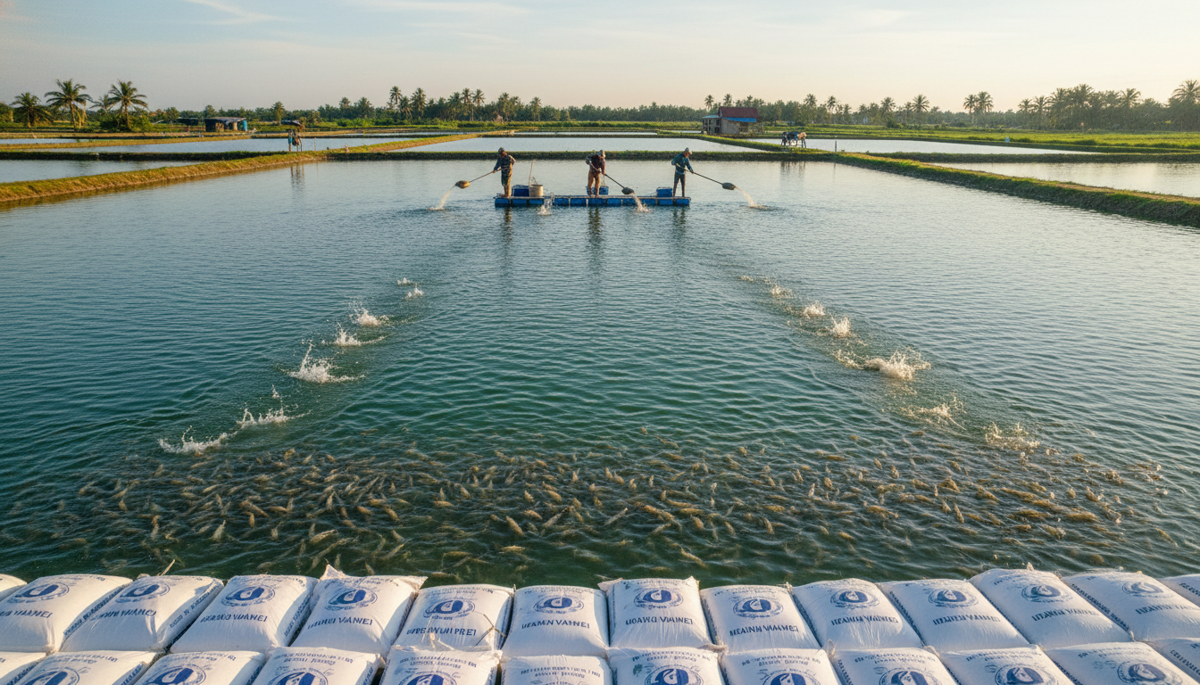 Pemberian pakan udang vannamei di kolam