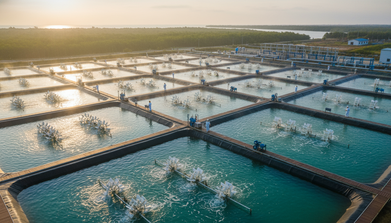 Tambak udang intensif dengan kincir air untuk vannamei